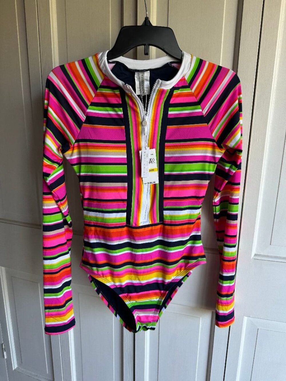 NWT $182 TRINA TURK Striped One Piece Swimsuit/Zip Front Rash Guard Size MED